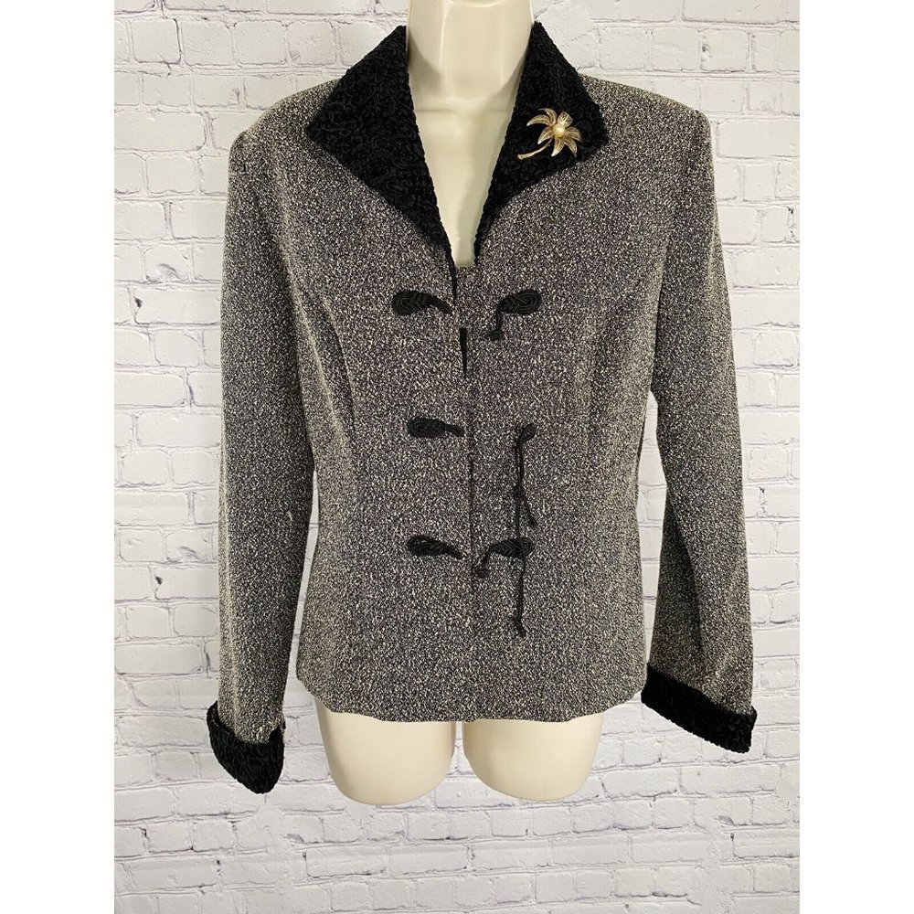 Danny & Nicole Black White Speckled Velvety Trim Blazer Jacket Gold Brooch 6